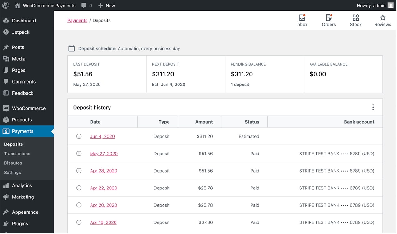the WooCommerce Payments dashboard